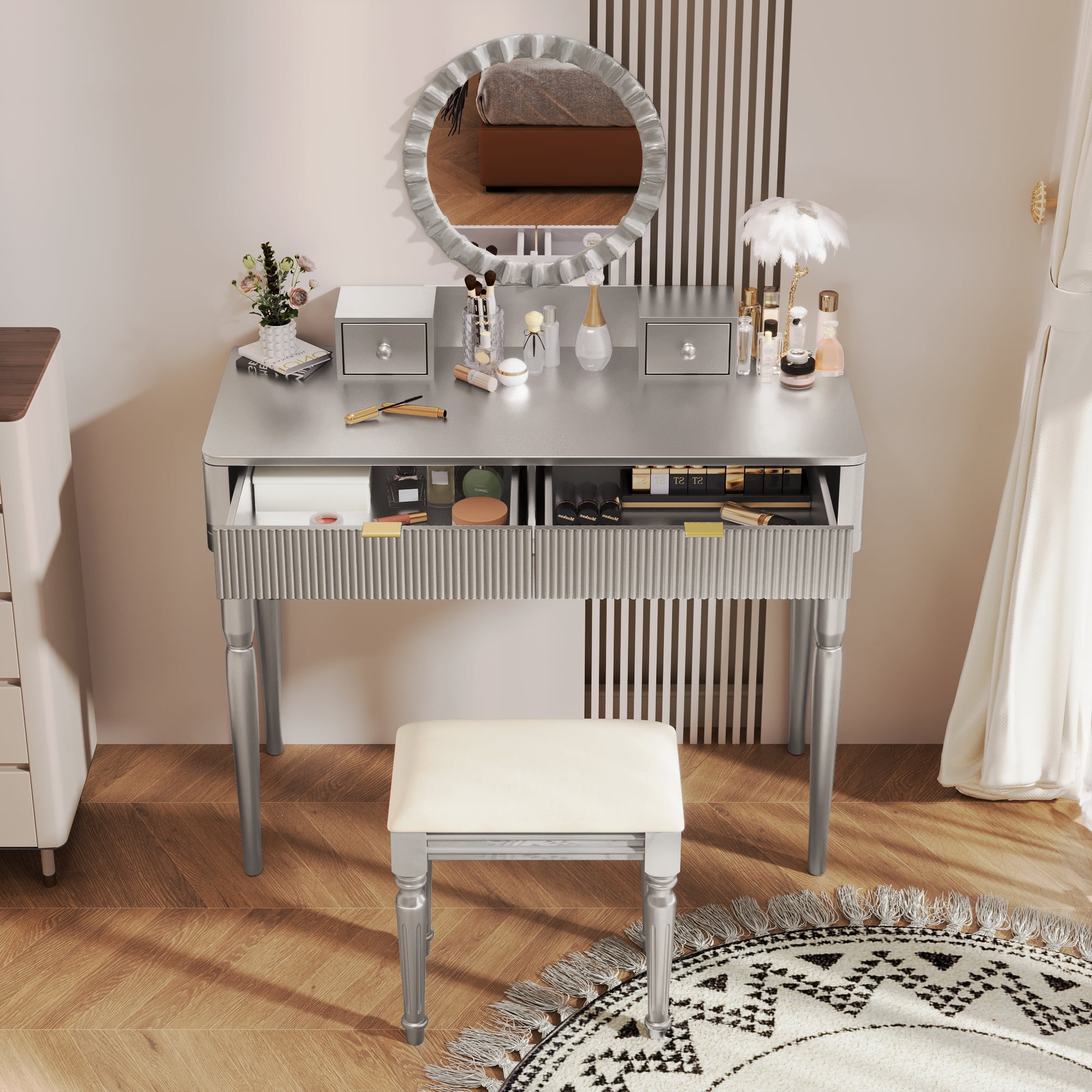Yoneston Modern Vanity Set with Round Mirror, Makeup Table with 4 Drawers & Cushioned Stool Included and Height Adjustable, Silver
