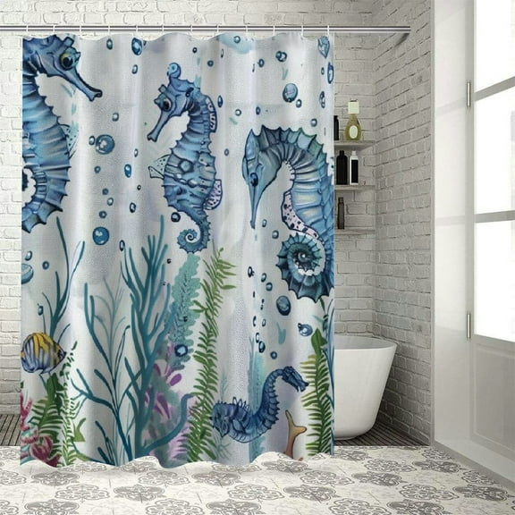 Fenyluxe Seahorse Shower Curtain Nautical Coastal Hippocampus Tropical Fish Sea Life Underwater World Coral Shell Marine Ocean Beach Theme Bathroom Curtains Decor Set Fabric with Hooks White