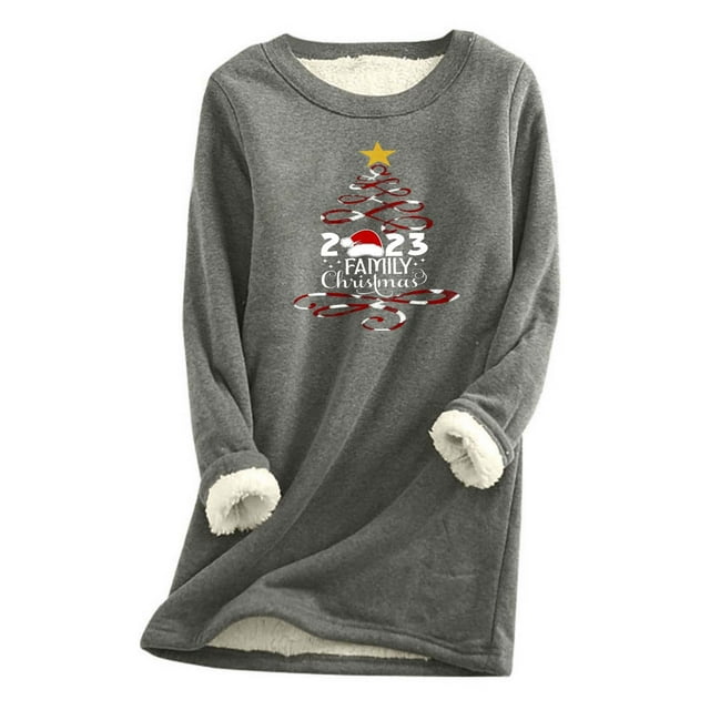 LSLJS Hauts Thermiques pour Femmes, Hauts à Manches Longues Chauds en Peluche Épaissie à Col Rond avec Imprimé de Noël pour Femmes