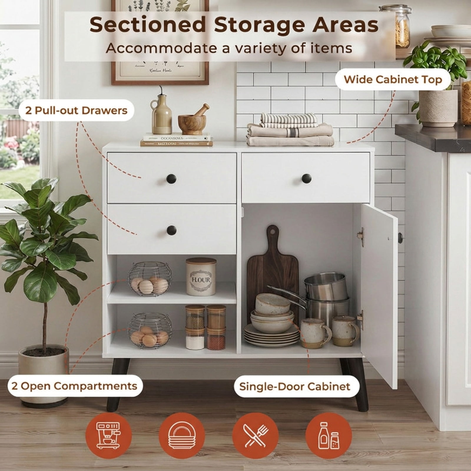 Furnibear 31" Sideboard Cabinet with 2 Open Compartments and 2 Drawers for Kitchen Dining Living Room Buffet Storage Server, White