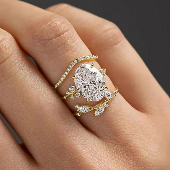 Wedding Set Rings Series Oval Cubic Zirconia Luxury 3Pcs Gold Color Rings for Women Engagement Temperament Female Jewelry