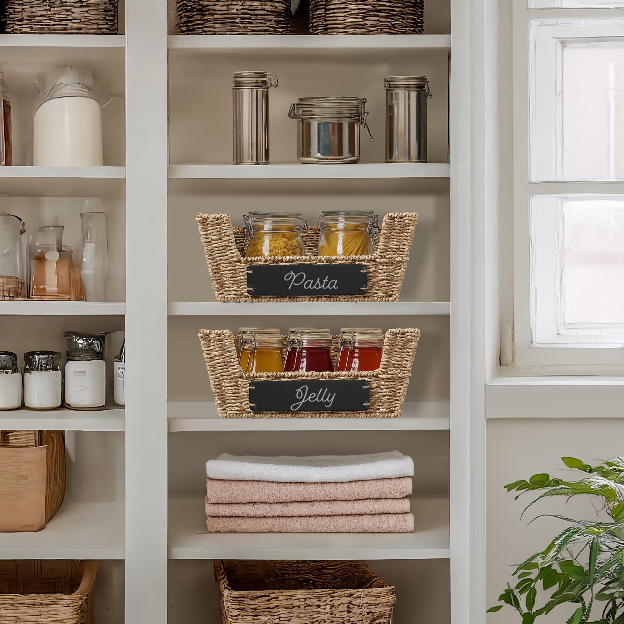 Casafield (Set of 2) Seagrass Pantry Baskets with Handles and Chalkboard Labels, Wide Woven Storage Baskets for Kitchen Shelves
