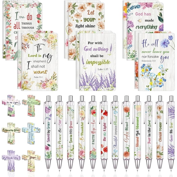 36 Pcs Christian Bulk Gifts for Women Include 12 Mini Bible Verse Notepads, 12 Scripture Ballpoint Pens & 12 Magnetic Cross Bookmarks, Cute Religious Notebooks Gifts Prizes Party Favors, 3.5"x5.5"