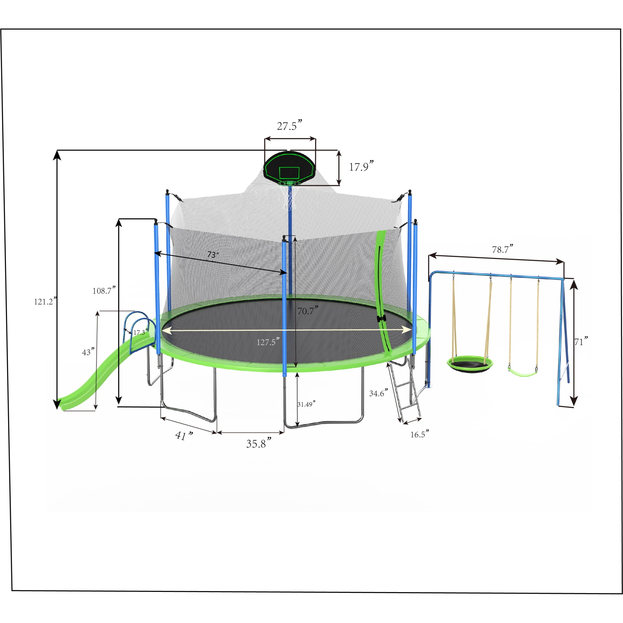 Leumius 12FT Trampoline with Slide and Swings,Outdoor Recreational Trampoline with Basketball Hoop and Ladder,Backyard Trampoline with Net for Kids and Adults,Green
