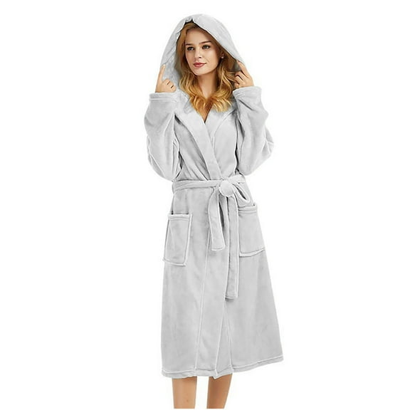 AOOCHASLIY Bath Robes for Women Plush Robes Casual Long Sleeve Hooded Belt Pocket Long Bathrobe Home Sleepwear