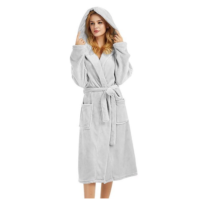 Moda mujer Casual manga larga con capucha cinturón bolsillo largo Albornoz servicio doméstico ropa de dormir Fridja nalpqowj18699