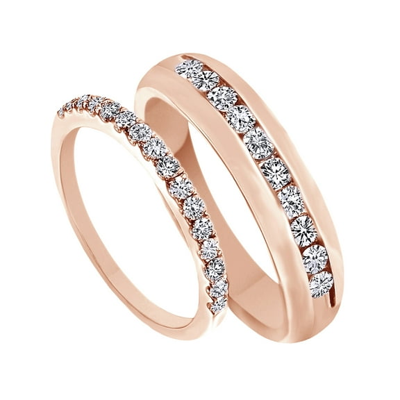White Natural Diamond His And Hers Wedding Band Ring Set in 14K Rose Gold (0.88 Cttw)