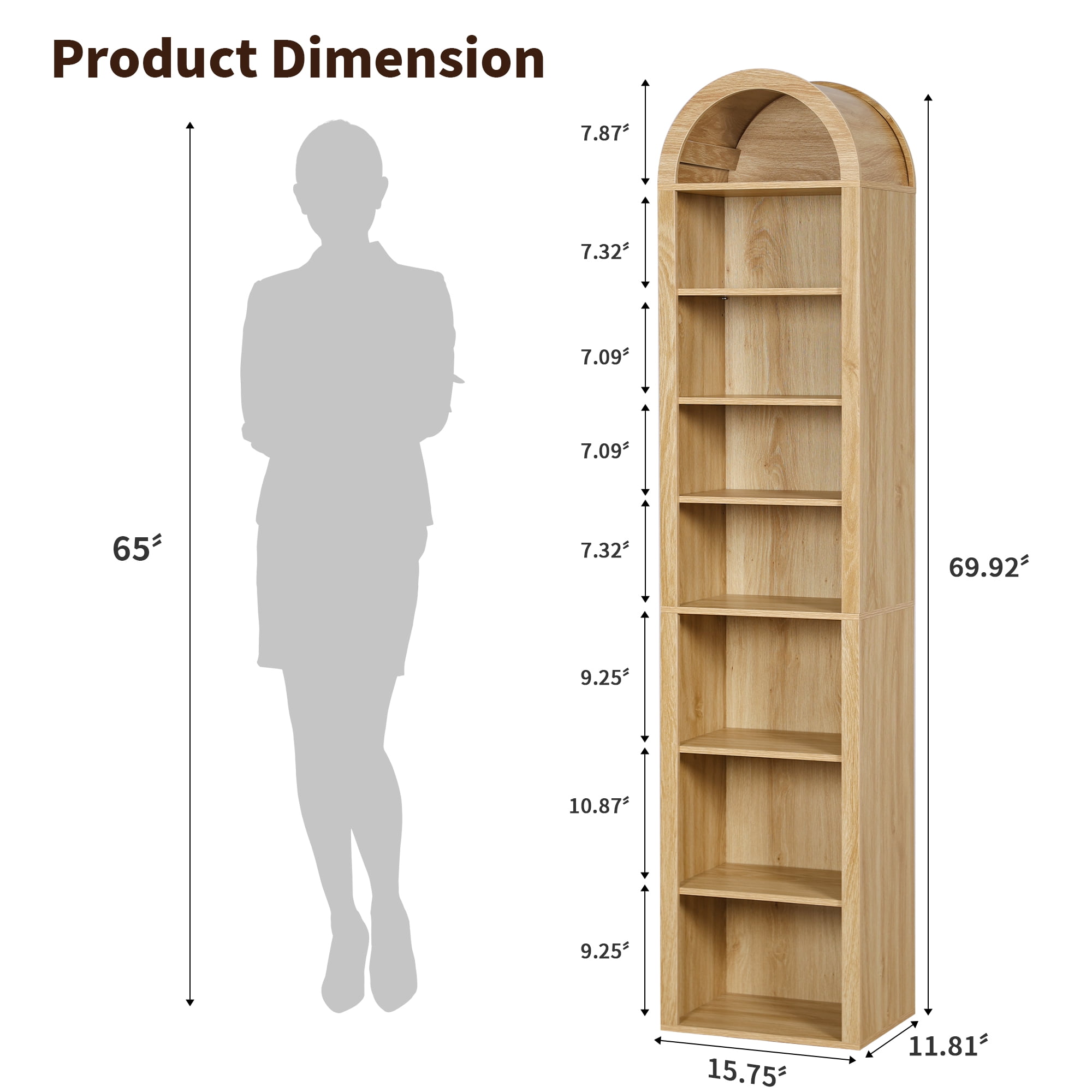 LEFHDA Narrow 8-Tier Arched Bookcase – Oak, 15.7-Inch Wide Open Shelf for Books, Media Storage (CD/DVD), Bathroom, or Entryway