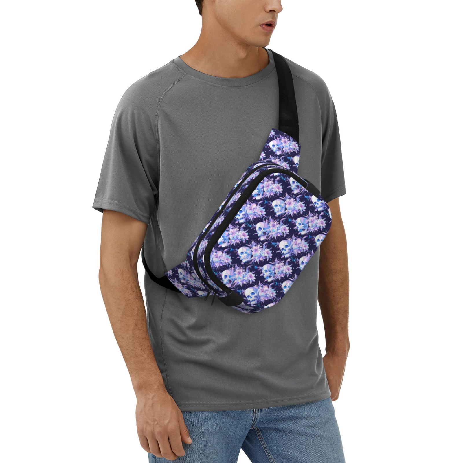 Picia blue starry sky Skull flower Print Square Double-Layer Waist Bag Mini Adjustable Waist Belt Bag Exercise Running Travel Hiking