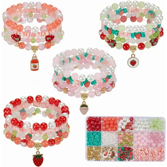 1 Box 390Pcs DIY 4 Sets Bracelet Making Kit Strawberry Bracelet Kits Polymer Clay Glass Fruit Flower Wire Beads Sets for Jewelry Making Crafts Supplies Women Beginners Adults Starter colorful