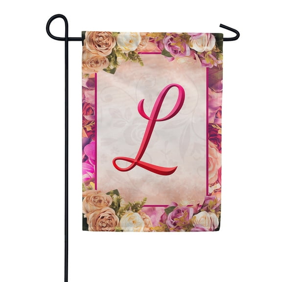 America Forever Spring Monogram Garden Flag Letter L 12.5 x 18 inches Double Sided Vertical Outdoor, Yard, Lawn, Beautiful Floral Design, Garland, Roses and Summer Flowers Garden Flag