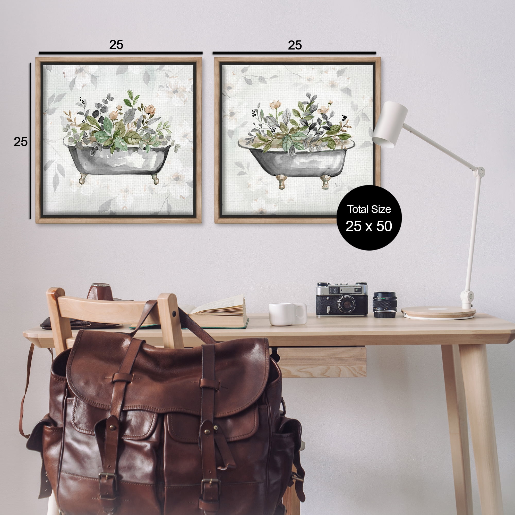Stupell Industries Gray Muted Watercolor Flower Tub Bath & Laundry Painting Brown Floater Framed Canvas Art Print Wall Art, 25 x 25, Set of 2