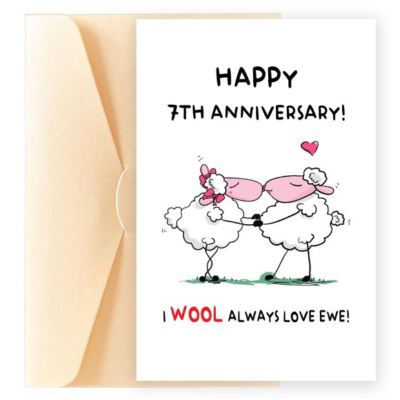 Tarjeta de aniversario POMELION con bonita temática de lana para el séptimo aniversario