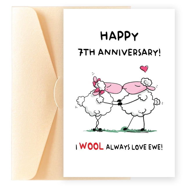 Tarjeta de aniversario POMELION con bonita temática de lana para el séptimo aniversario