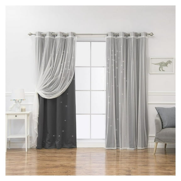 Mix & Match Tulle & Star Cut Out Blackout Curtains - Dk.Grey - 52"W x 84"L - (2 Curtains and 2 Sheer curtains)
