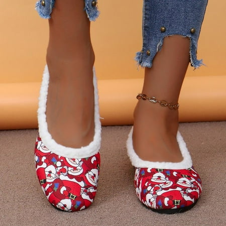 

XDDST Woman Shoes Casual Flat Ladies Fashion Winter Plush Christmas Printed Low Top Flat Bottomed Casual Shoes Red