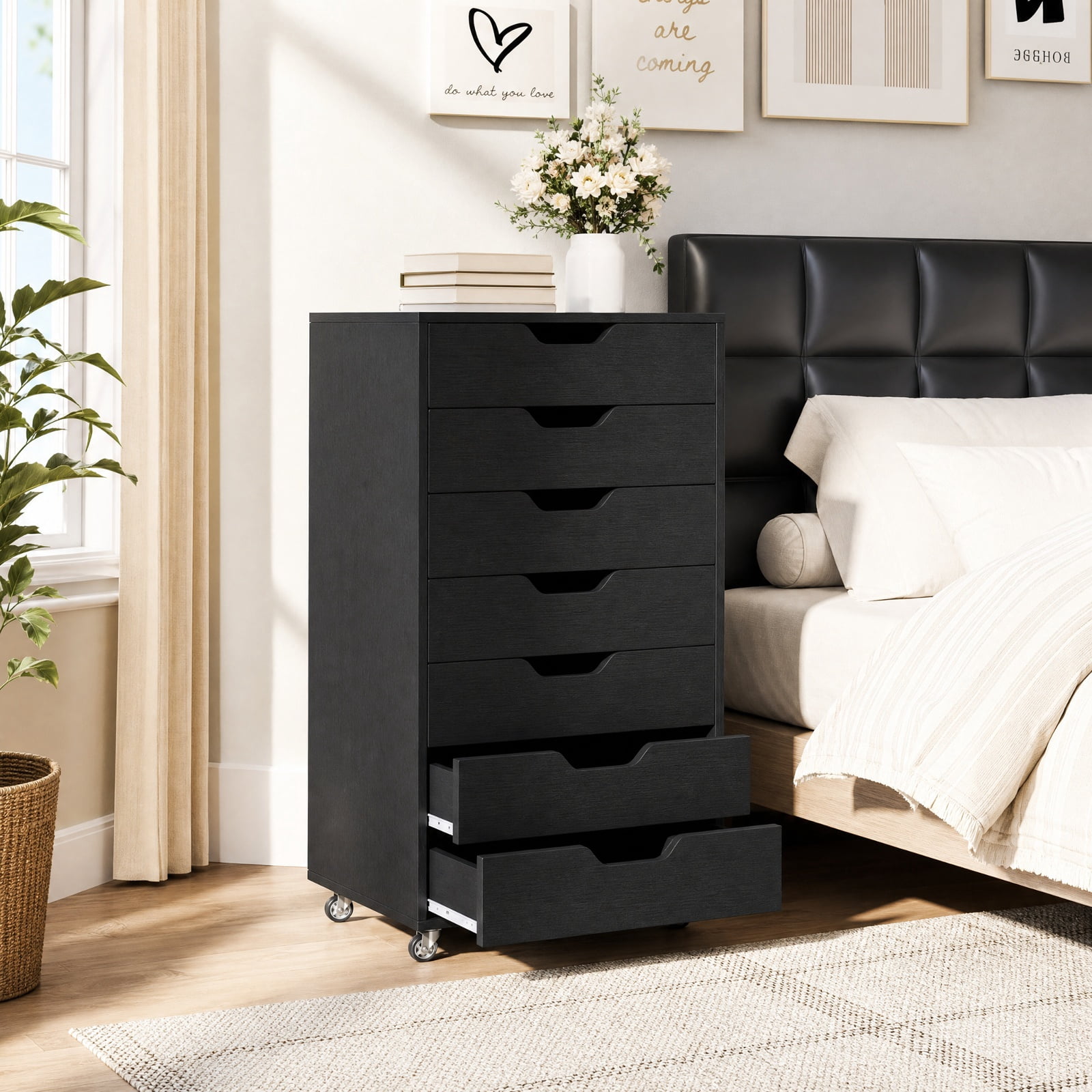Furnibear 7-Drawer Chest Wooden Storage Dresser with Lockable Wheels for Home Office Filing Document Letter Legal Storage, Black
