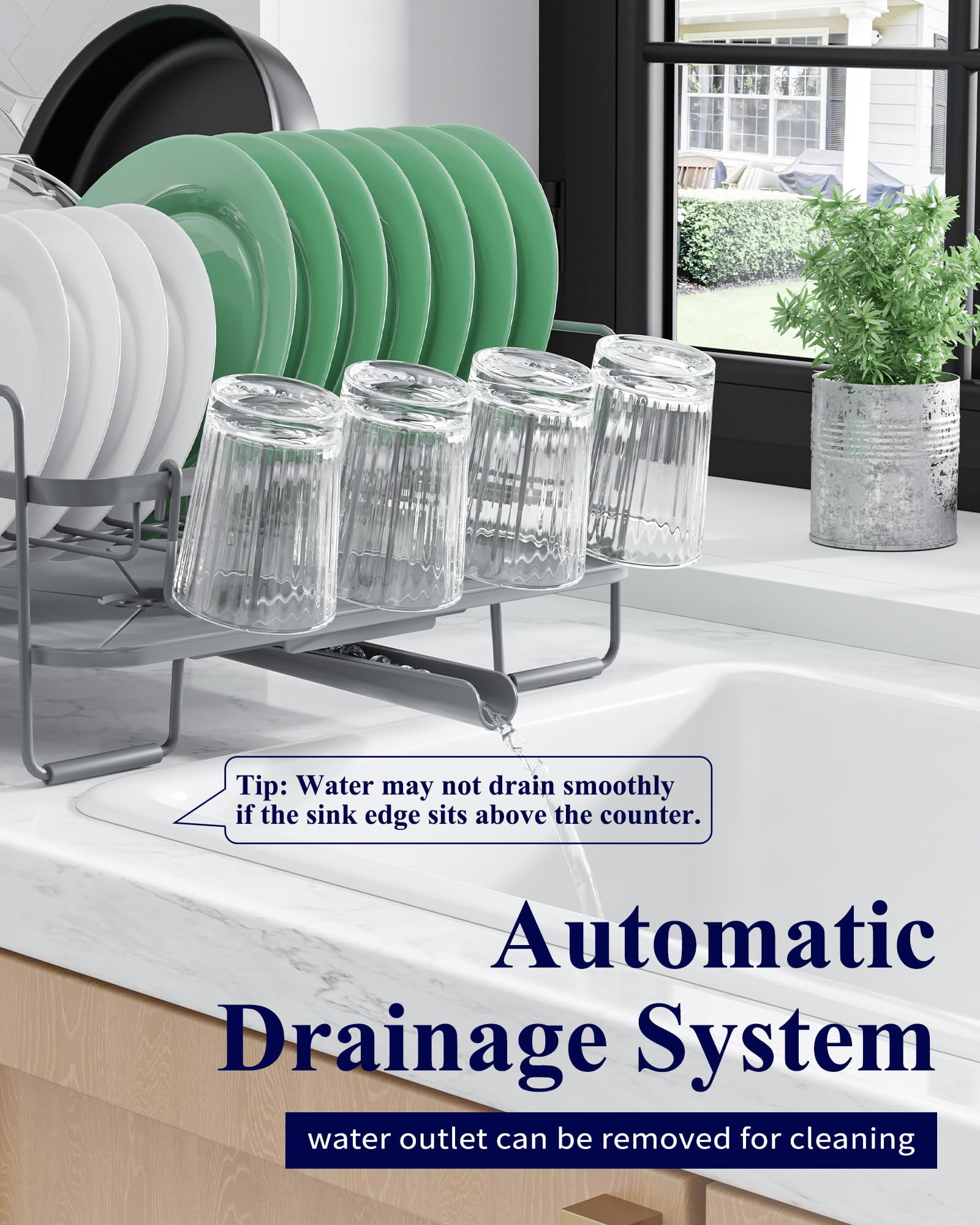Large Dish Drying Rack with Extendable Tray, Multi-Functional Drainboard for Plates, Cups, and Utensils, Compact Storage Solution, Grey