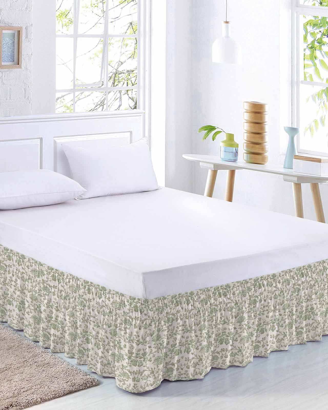 Farmhouse Sage Green Bed Skirt Queen Size, Vintage Flower Leaf Botanical Wrap Around Bed Skirting with Adjustable Elastic Strap, Dust Ruffle Pleated Bedskirts 16 Inch Drop for Bedroom Queen Beds