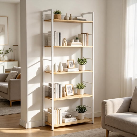 Garvee 5-Tier Tall Narrow Bookshelf, Industrial Wood and Metal Bookcase, Freestanding Storage and Display Shelf for Bedroom, Living Room, Home Office,
White