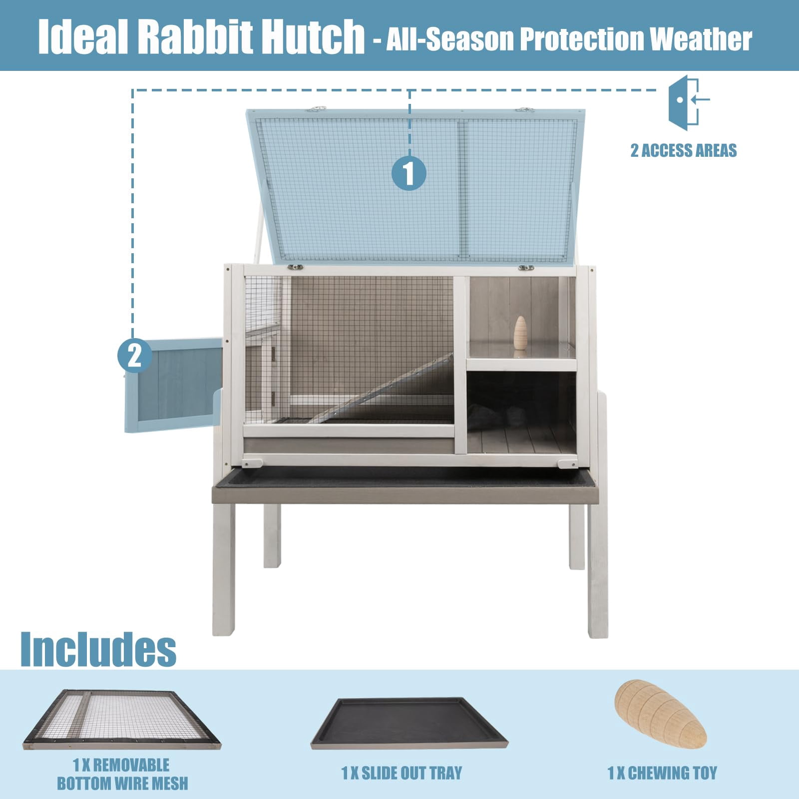 Wooden Guinea Pig Cage with Wire Netting 36.6 Inch Height Outdoor Rabbit Hutch, Detachable Legs Hamster House for Small Animals, Pull Out Tray Included, Grey
