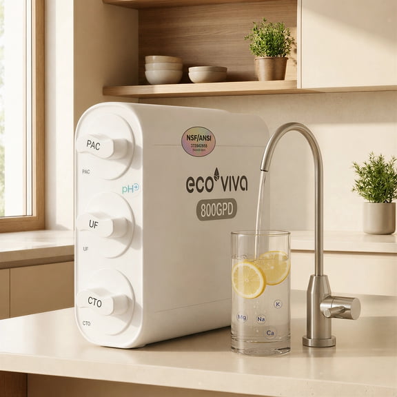 Ecoviva EU800 0.01μm Under Sink Ultra-Filtration Water Filter No Electricity, Zero Wastewater, Mineral Retention, 4-Stage Tankless,White