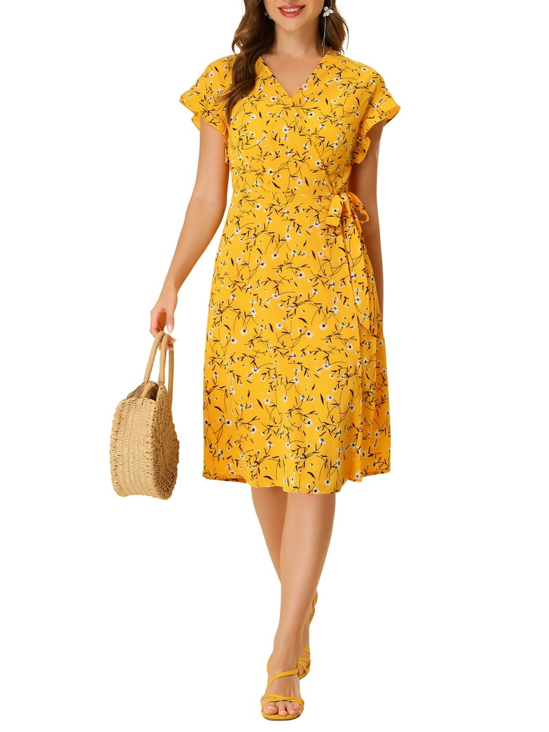 juniors floral dress midi Allegra K Junior's Floral Ruffle Trim Cuff V Neck Belted Below Knee Wrap Dress, Women's, Size: XL, Yellow