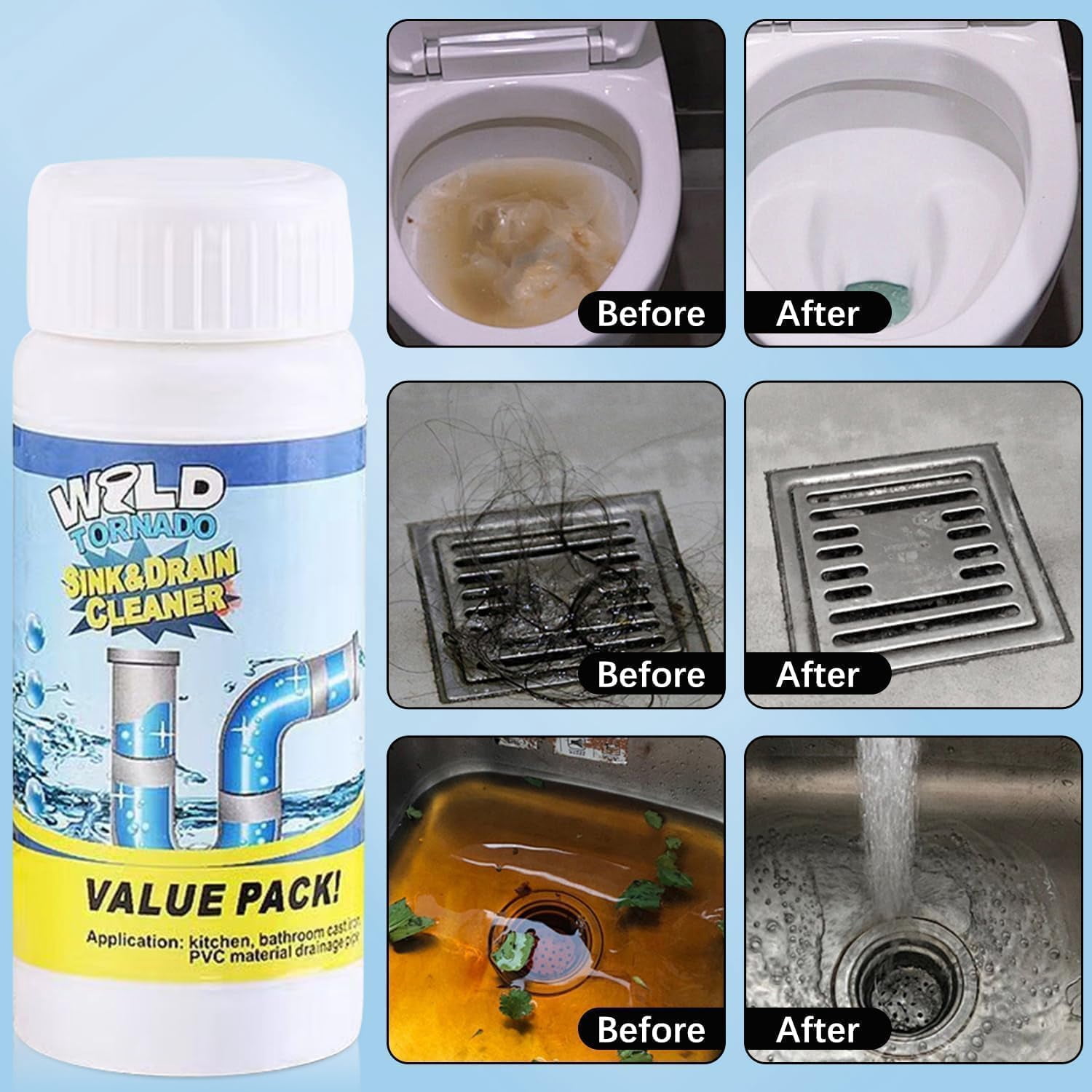 Sink & Drain Cleaner Powder, Heavy Duty Pipe Clog Remover for Toilet & Kitchen, Safe Non-Corrosive Foaming Agent,（2-4 Pack）