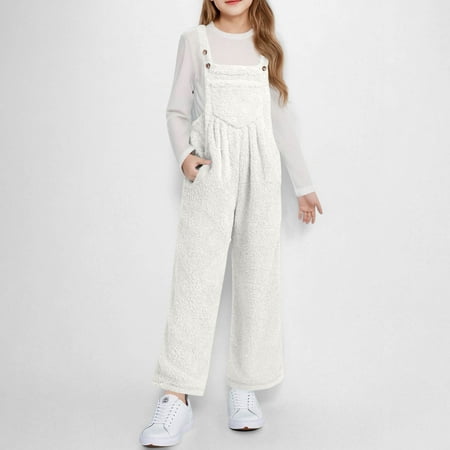 NAISIBABY Girls Fleece Overalls Adjustable Buttons Strap with Bib Pockets Soft Loose Fall Winter Warm Jumpsuits White 12T