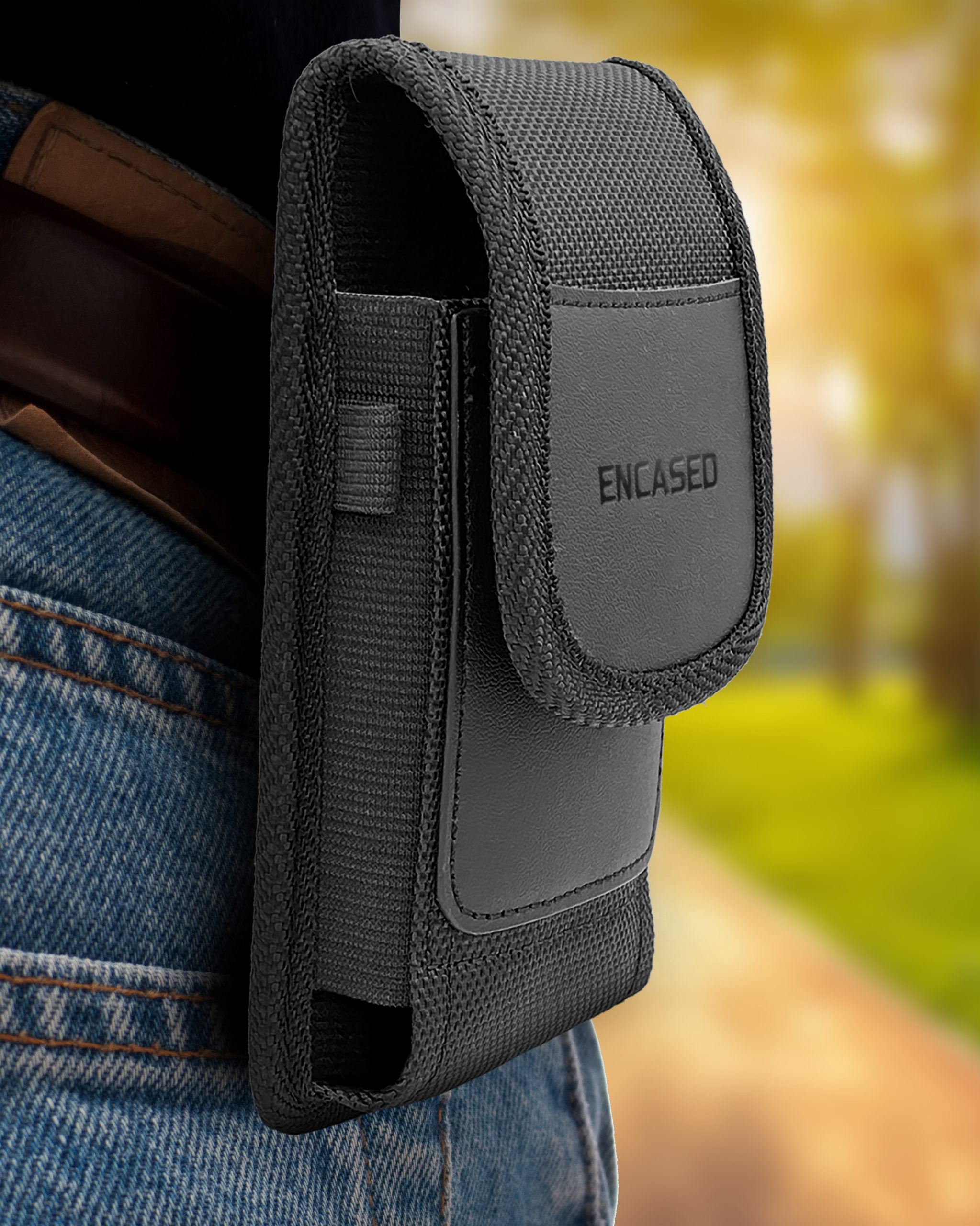 Encased Phone Pouch with Shockproof Case for Samsung Galaxy S23 ULTRA - Rebel Armor with Ballistic Nylon Carrying Holster (Black)