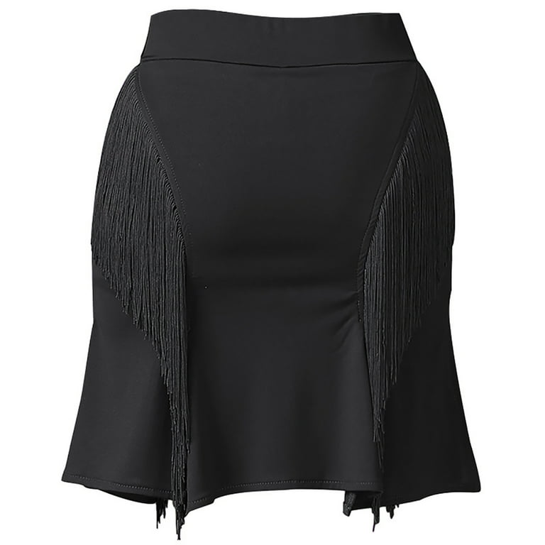 Fringe Latin Mambo Paso Doble Quickstep Rumba Dance Practice Skirts with Side Slits Black