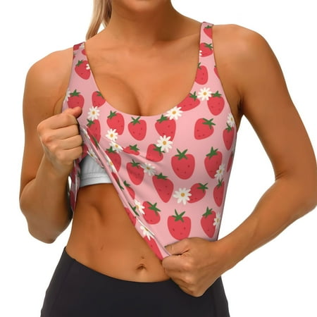 Qokaie Strawberry And Flowers Pattern Womens Scoop Neck Sports Bra Breathable Workout Vest Padded U Back Medium Impact Fitness Gym Yoga Bra Workout Crop Top
