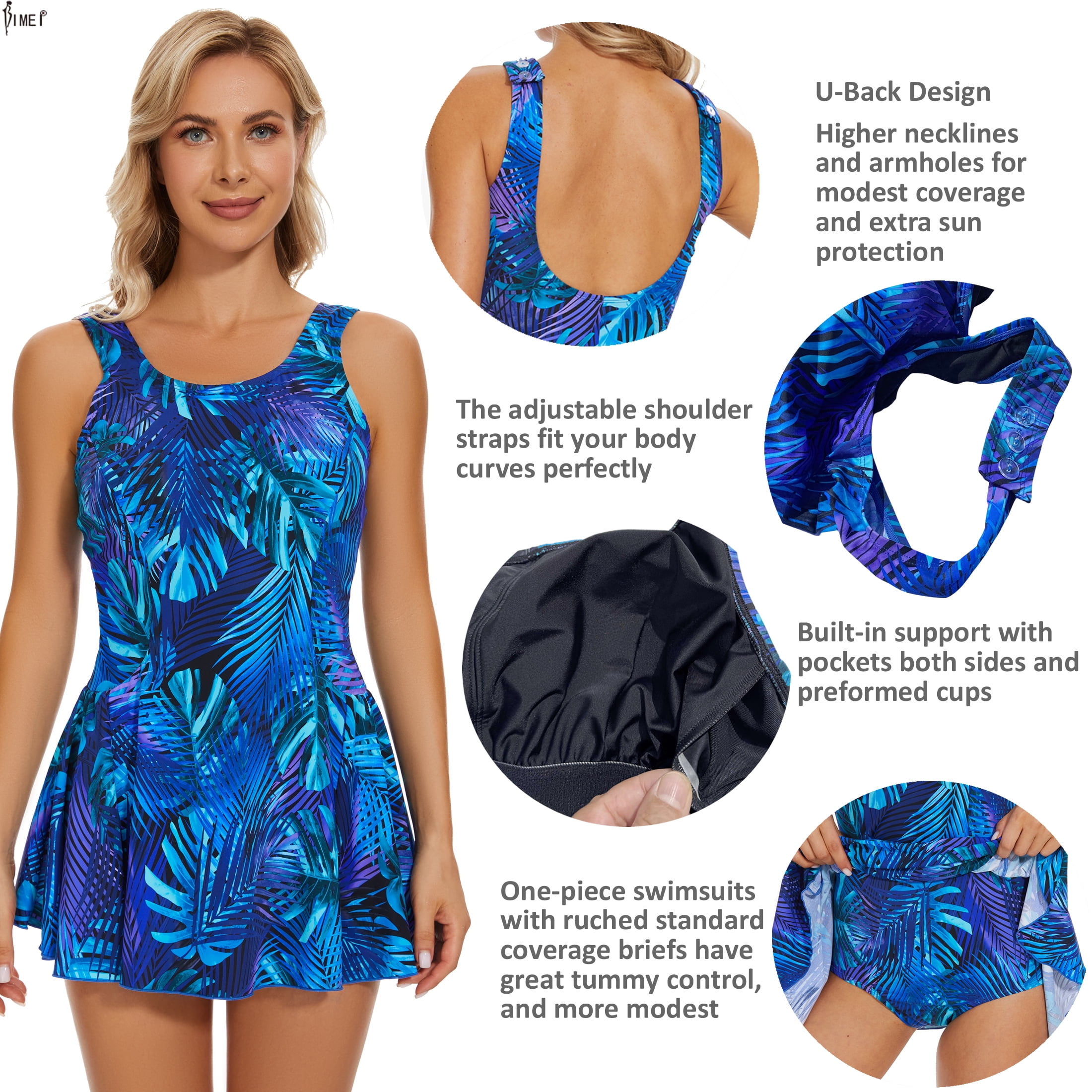 BIMEI One-Piece Mastectomy Swim Dress, Size 16, Blue (Women's)