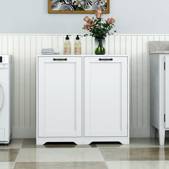 Noble House Rhea 31.5" Laundry Cabinet, Tilt-Out Hamper, Doors and Adjustable Shelf, Freestanding, White