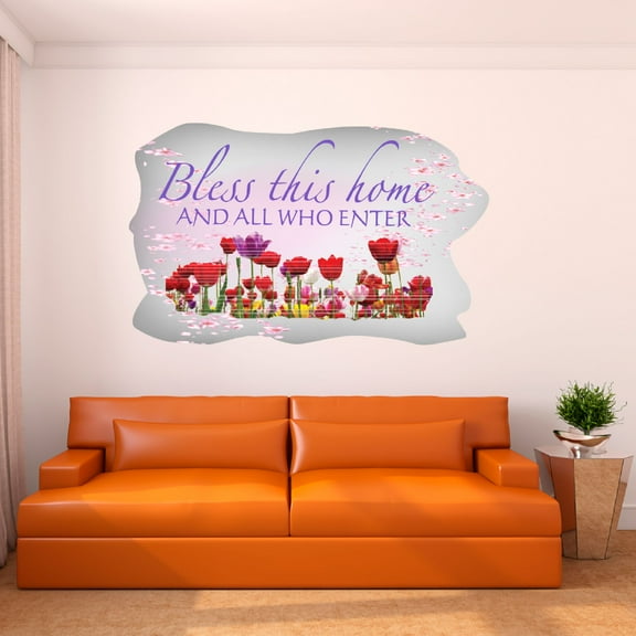 Watercolor Decal Bless This Home And All Who Enter Home Wall Decal for Adult Cherry Blossom Flowers Floral Art Design Cute Themed Room Décor - Size: 10 In x 6 In