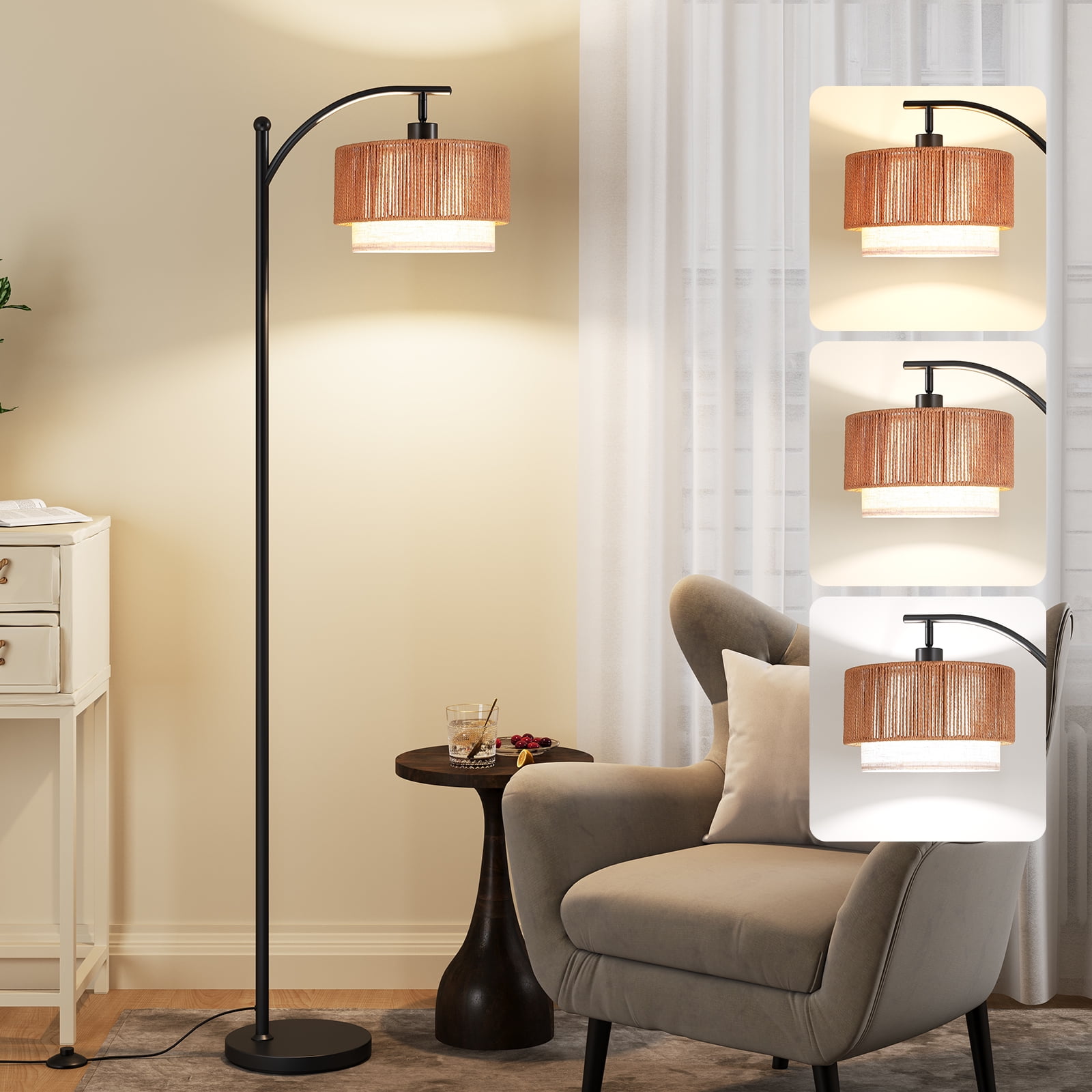 SUNMORY Rattan Floor Lamps, Boho Standing Lamps with Rattan & Linen Double Shades, Arc Lamp Floor with 12W Bulb, Foot Switch, Bohemian Floor Lamps for for Living Room, Bedroom, Study Room