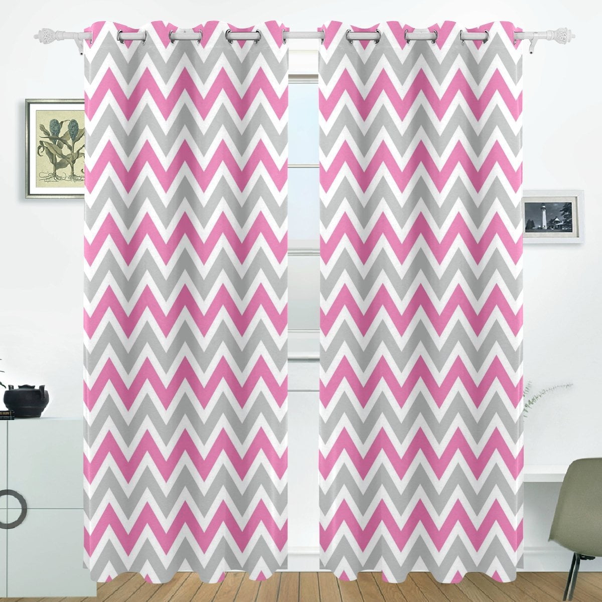 POPCreation White Gray Pink Chevron Window Curtain Blackout Curtains
