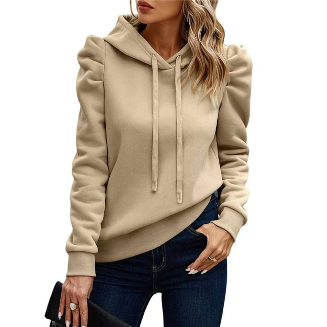 Sudadera con Capucha de Larga Abullonada y Cordón Ajustable para Mujer, Estilo Informal, para Otoño e Invierno Crema XL