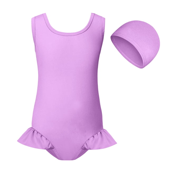 Girls One Piece Swimsuit with Matching Swim Cap Sleeveless Ruffle Hem Bathing Suit Beach Pool Swimwear
