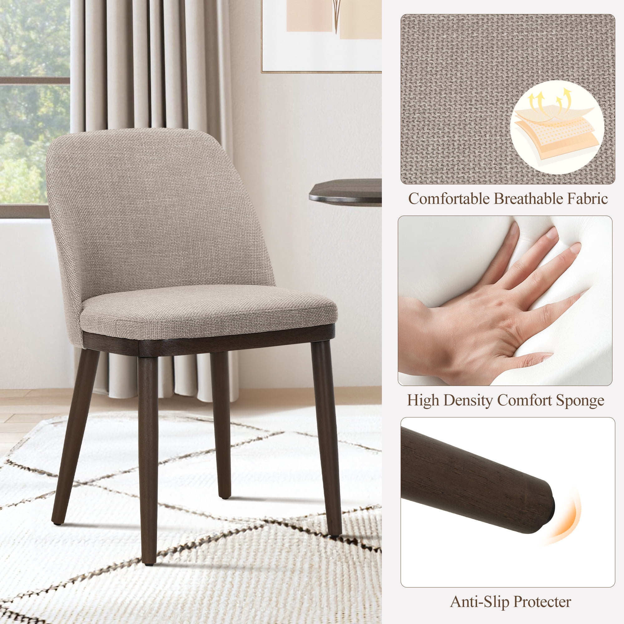Modern Upholstered Dining Chairs Set of 2 — Fabric Padded Side Chairs with Solid Wood Legs for Kitchens and Dining Rooms, Camel