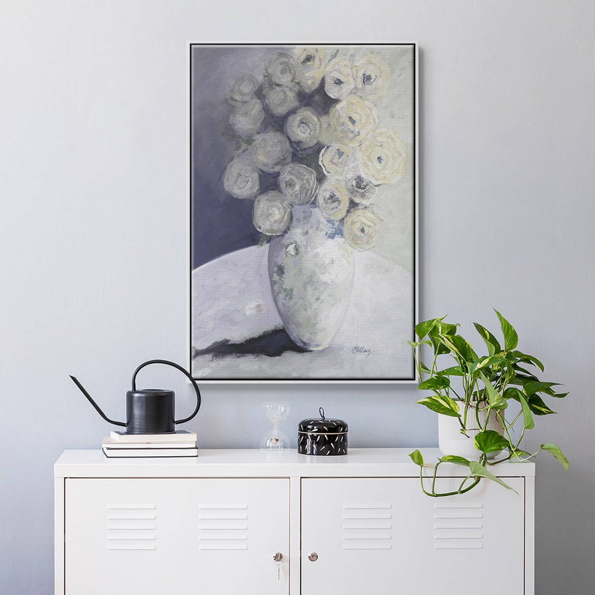 Green Vase with Yellow Flowers Framed Premium Gallery Wrapped Canvas - Ready to Hang - 25 x 37 - White Floating Frame