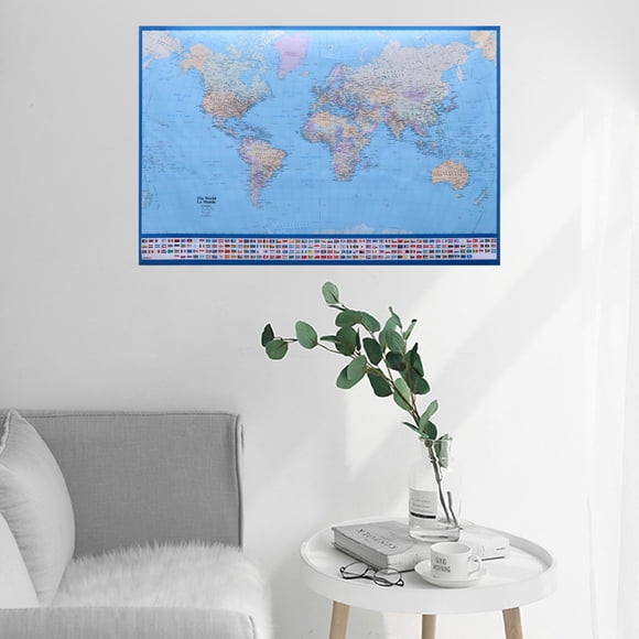 WRITWAA Detailed Political World Map Wall Poster Blue Full Lamination for Home and Office