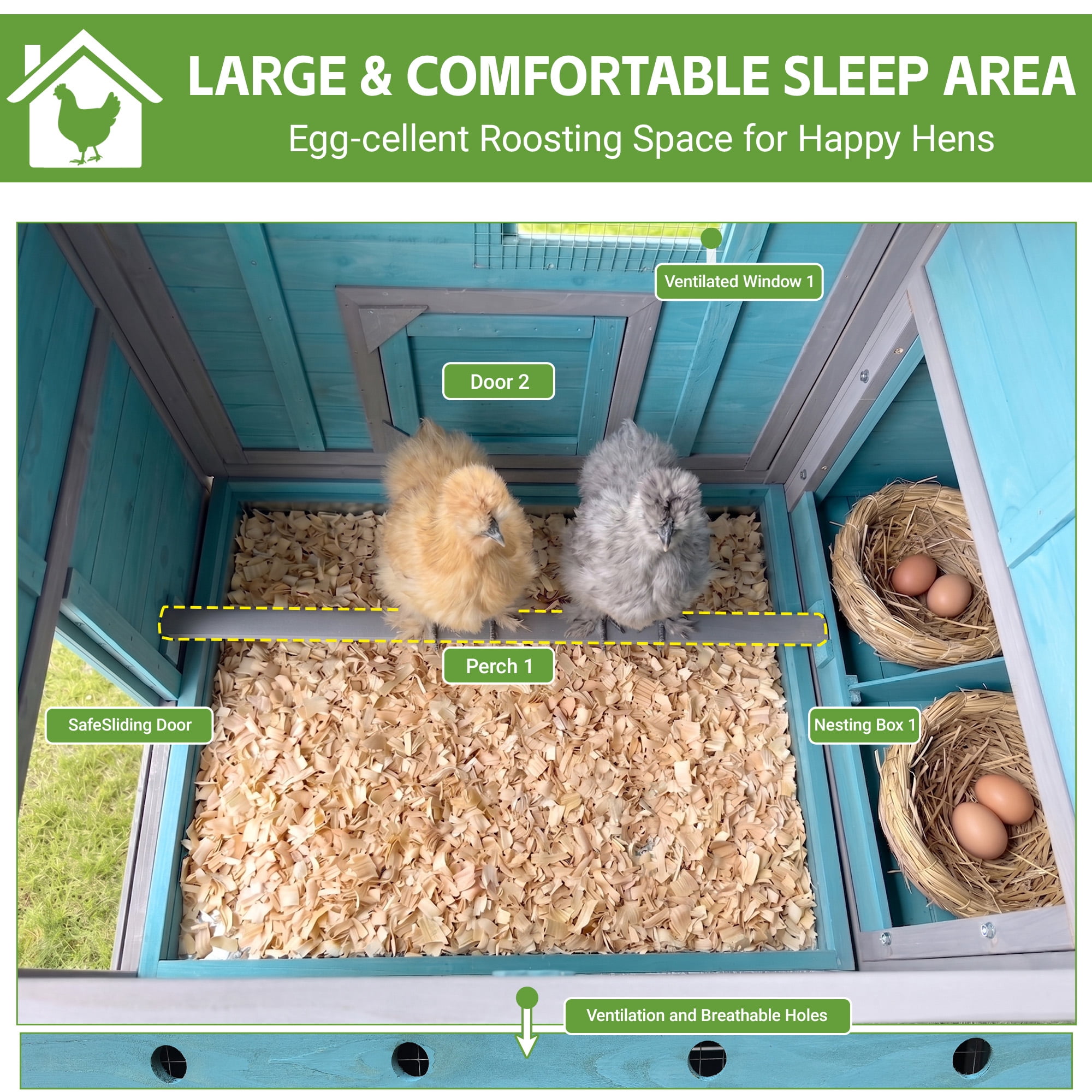 Weatherproof 114-Inch Wooden Chicken Coop with Outdoor Run, Hen House with Nesting Box and Lockable Doors for 2-3 Chickens, Blue-Gray