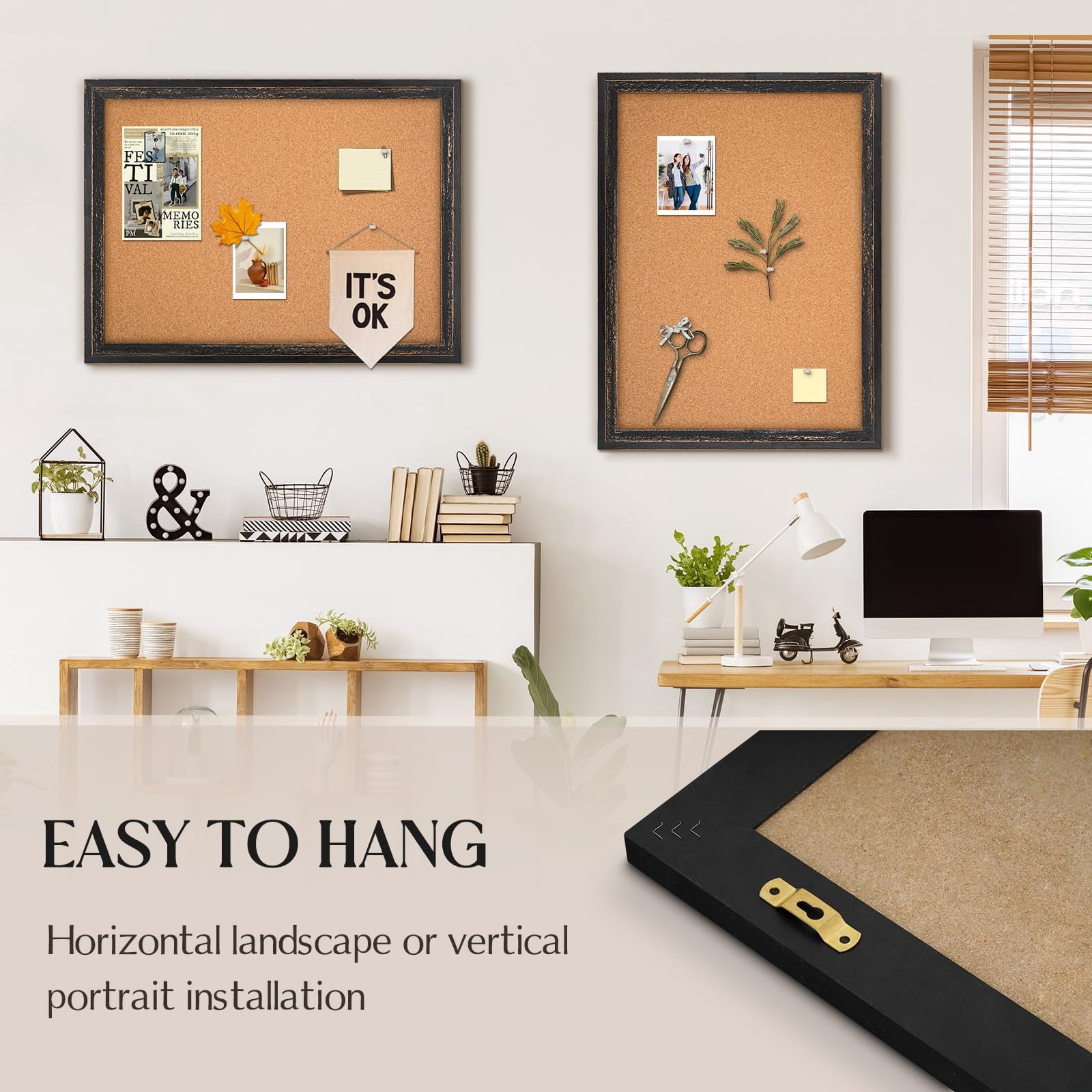 Cork Board Bulletin  30" X 20" Corkboard For Wall Rustic Black Wooden Frame Decorative Hanging Pin Home Office Room Decor 10 Push Pins