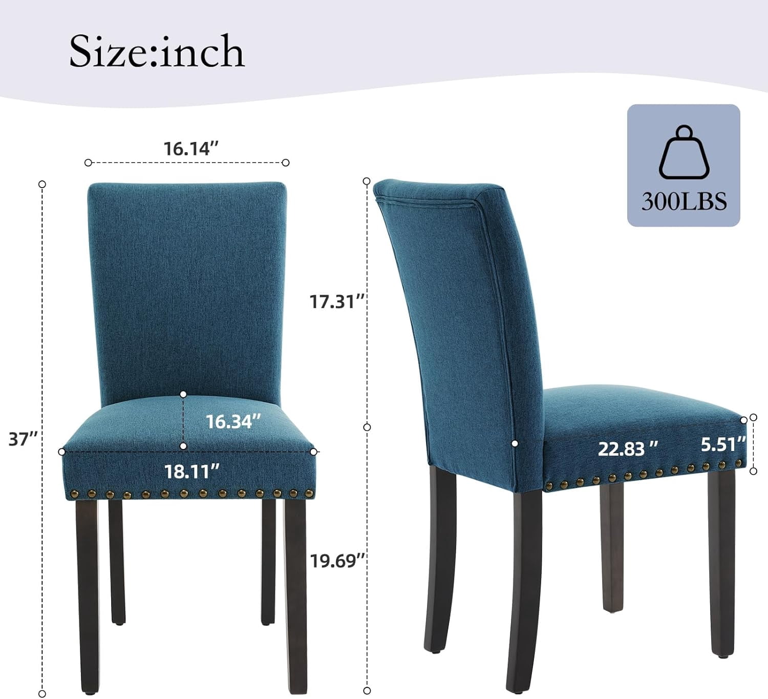 Dining Chairs Set of 2 Upholstered Parsons Diner Room Chair Sets Fabric Kitchen Chairs with Nailhead Trim/Sturdy Wood Legs and Padded Cushion Modern Living Room Chairs, Dark Blue