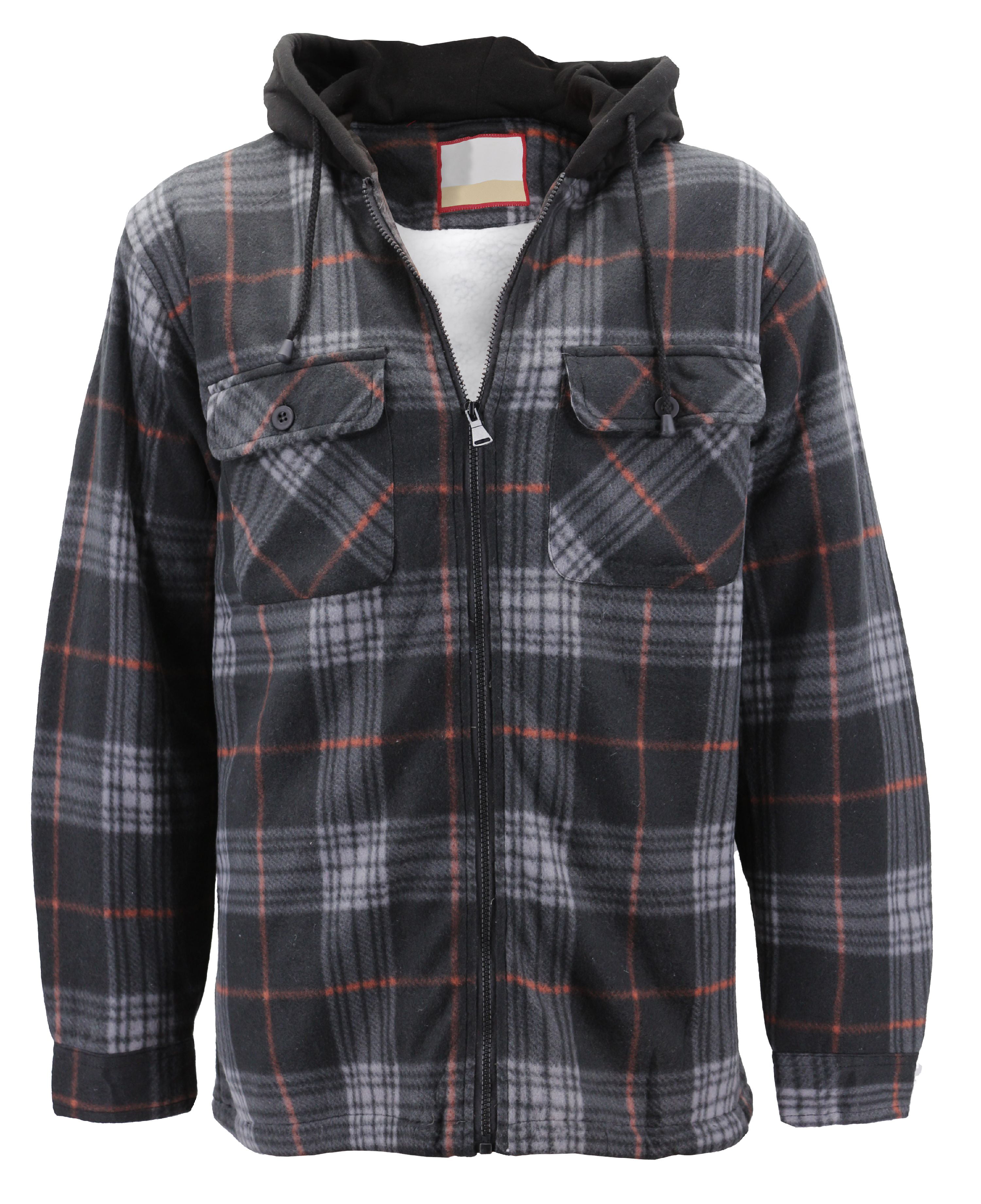 Men's Heavyweight Flannel Zip Up Fleece Lined Plaid Sherpa Hoodie Jacket (847R - Black/Grey 