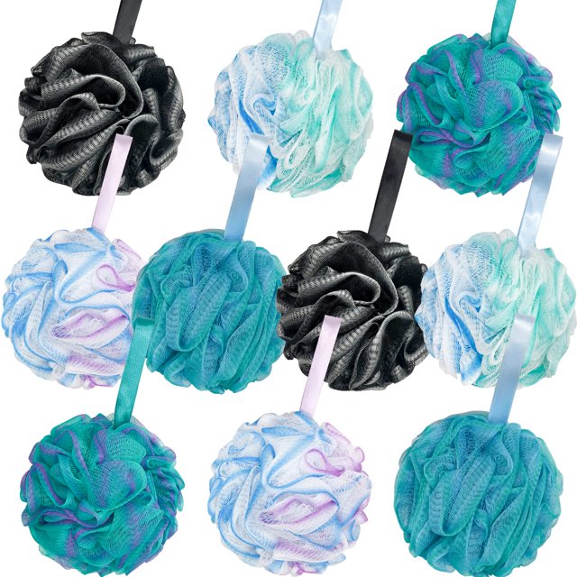 Paquete de 10 esponjas de baño para ducha, esponjas de ducha de 40 g, puf de malla, coleteros para baño, gel de baño, esponja exfoliante para mujeres y hombres