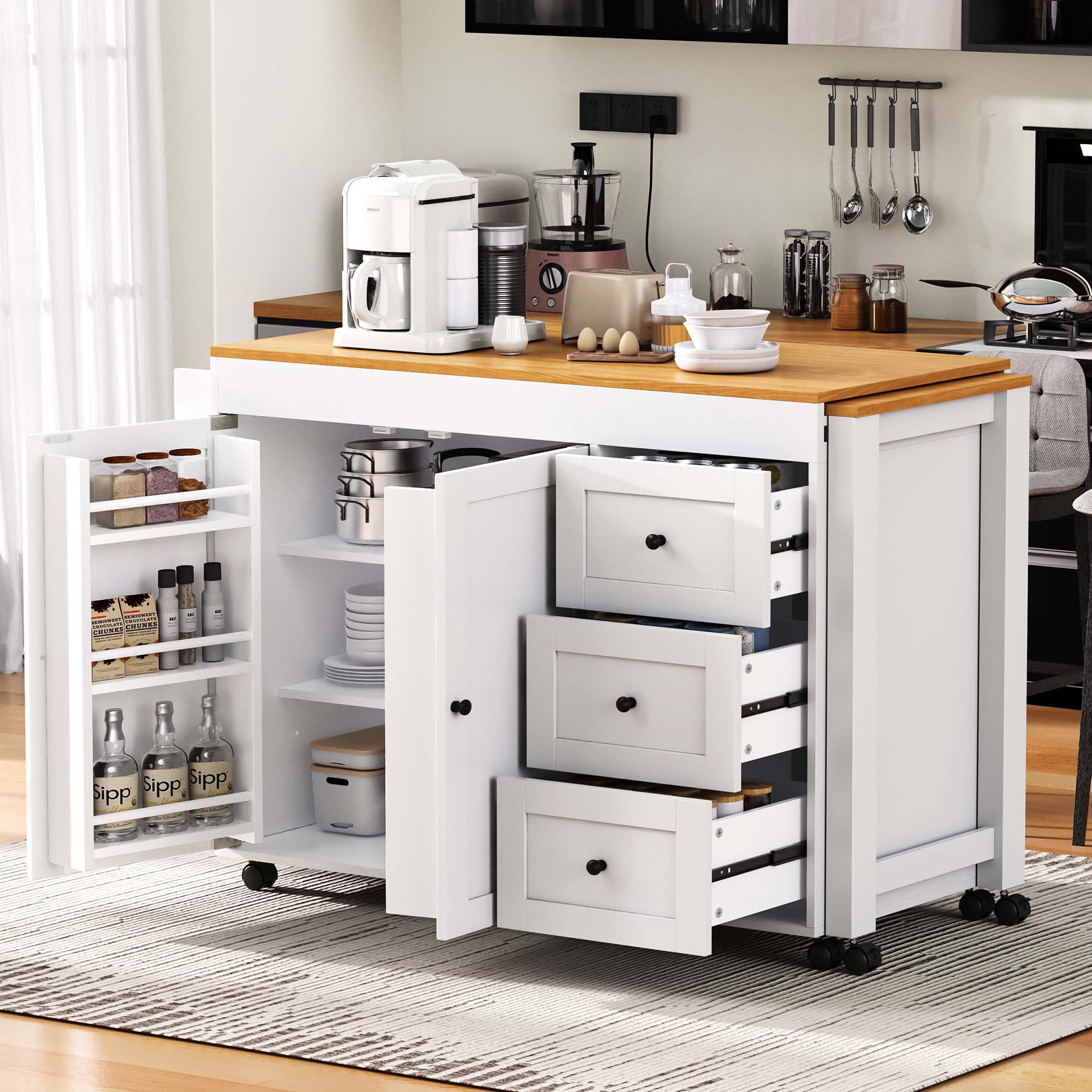 74.8-Inch Kitchen Island with Extendable Dining Table and Power Outlet, Rolling Kitchen Cart with 3 Drawers and Spice Rack for Kitchen, White
