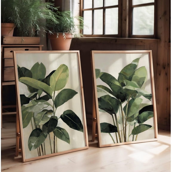 Green Plants Modern Minimalist Botanical Ficus Wall Art Set 2 Unframed Paper Print 8x12