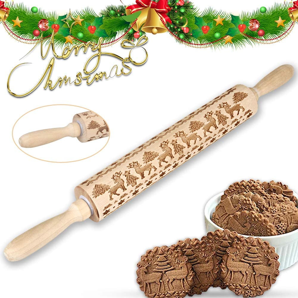New Christmas Elk Wooden Embossing Engraved Rolling Pin Baking Cookies Xmas 
